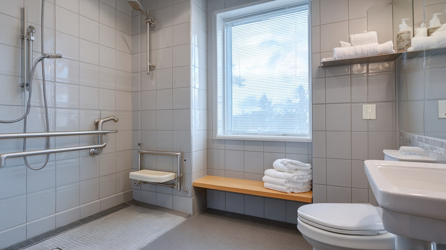 Salle de bain adaptée avec douche à l’italienne, barres d’appui et équipements pour seniors